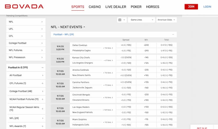 Odds display from Bovada, a major player among NFL wagering sites.